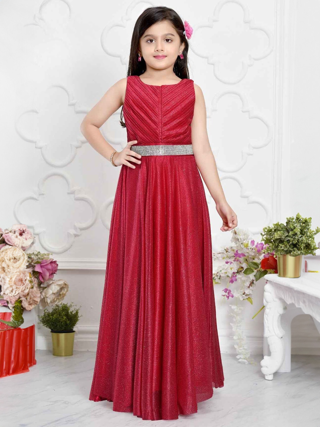 

Lagorii Girls Round Neck Fit and Flare Maxi Dress, Red