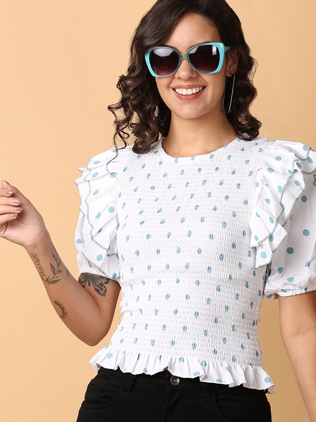 

V-Mart Women Polka Dot Printed Regular Top, White