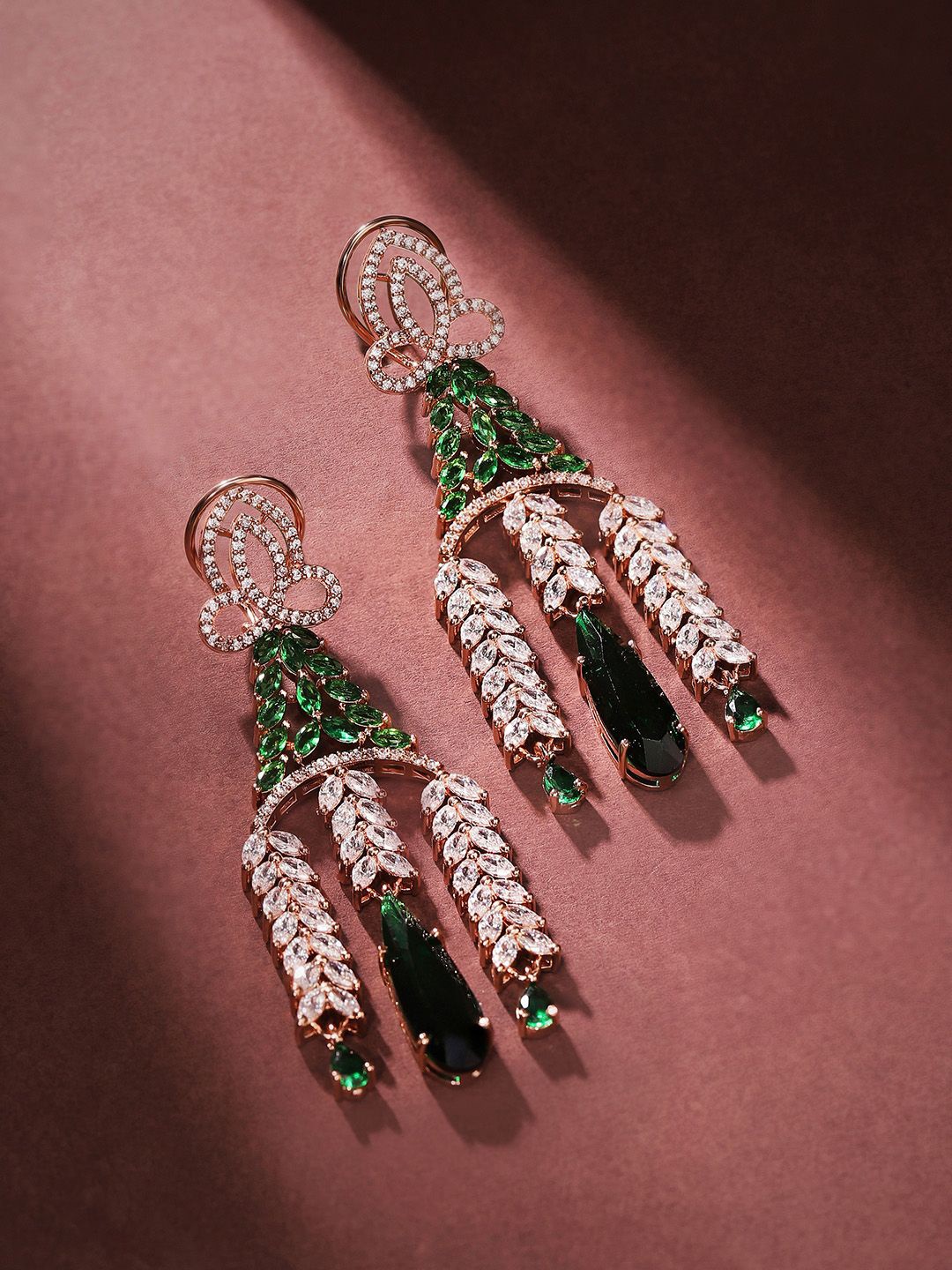 

Priyaasi Rose Gold-Plated American Diamond Stone Studded Contemporary Drop Earrings