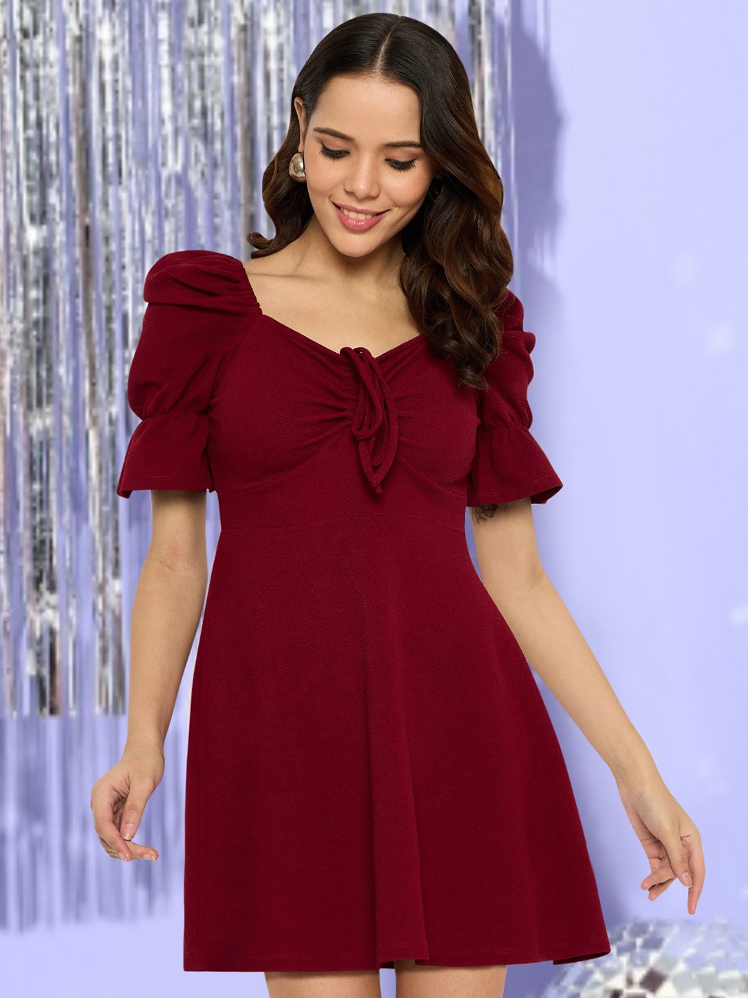 

Martini Women Short Puff Sleeve Sweetheart Neck Fit & Flare Mini Dress, Maroon