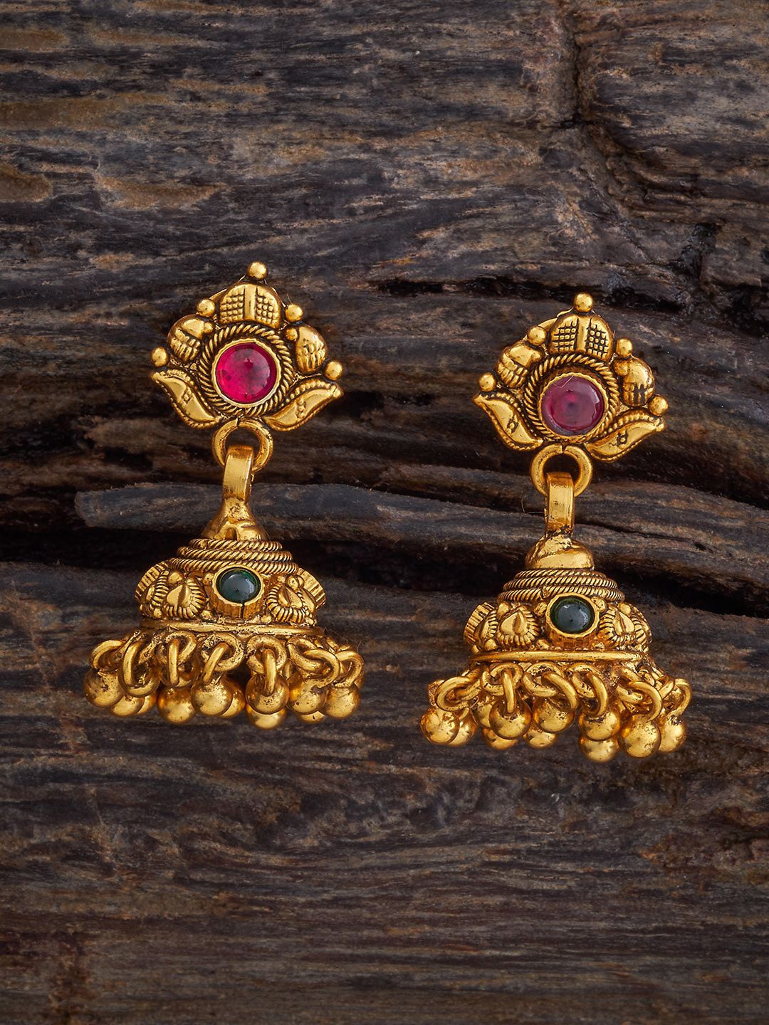 

Kushal's Fashion Jewellery Gold-Plated Stone Studded Dome Shaped Jhumkas