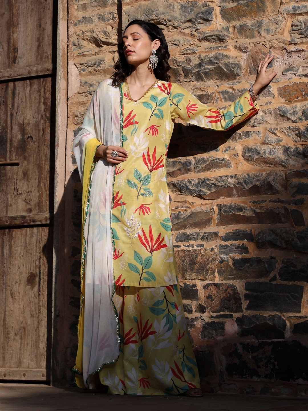 

ASHEERA Women Floral Printed Regular Aari Work Pure Cotton Kurta with Trousers & With Dupatta, Yellow