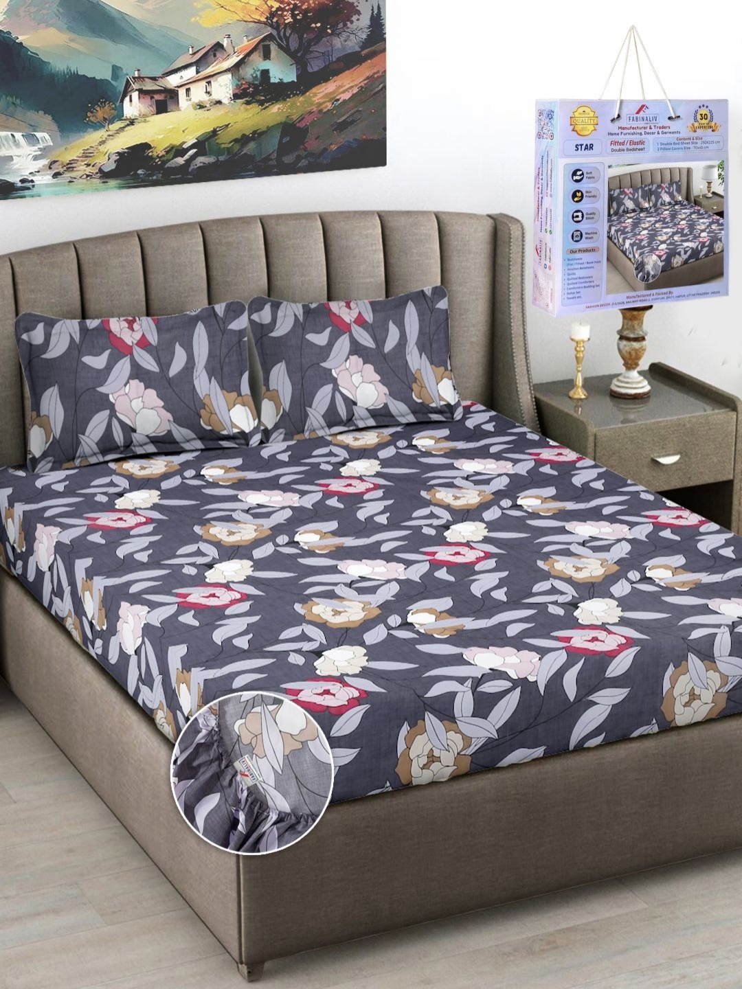 

FABINALIV Navy Blue & Pink Floral 300 TC King Bedsheet with 2 Pillow Covers