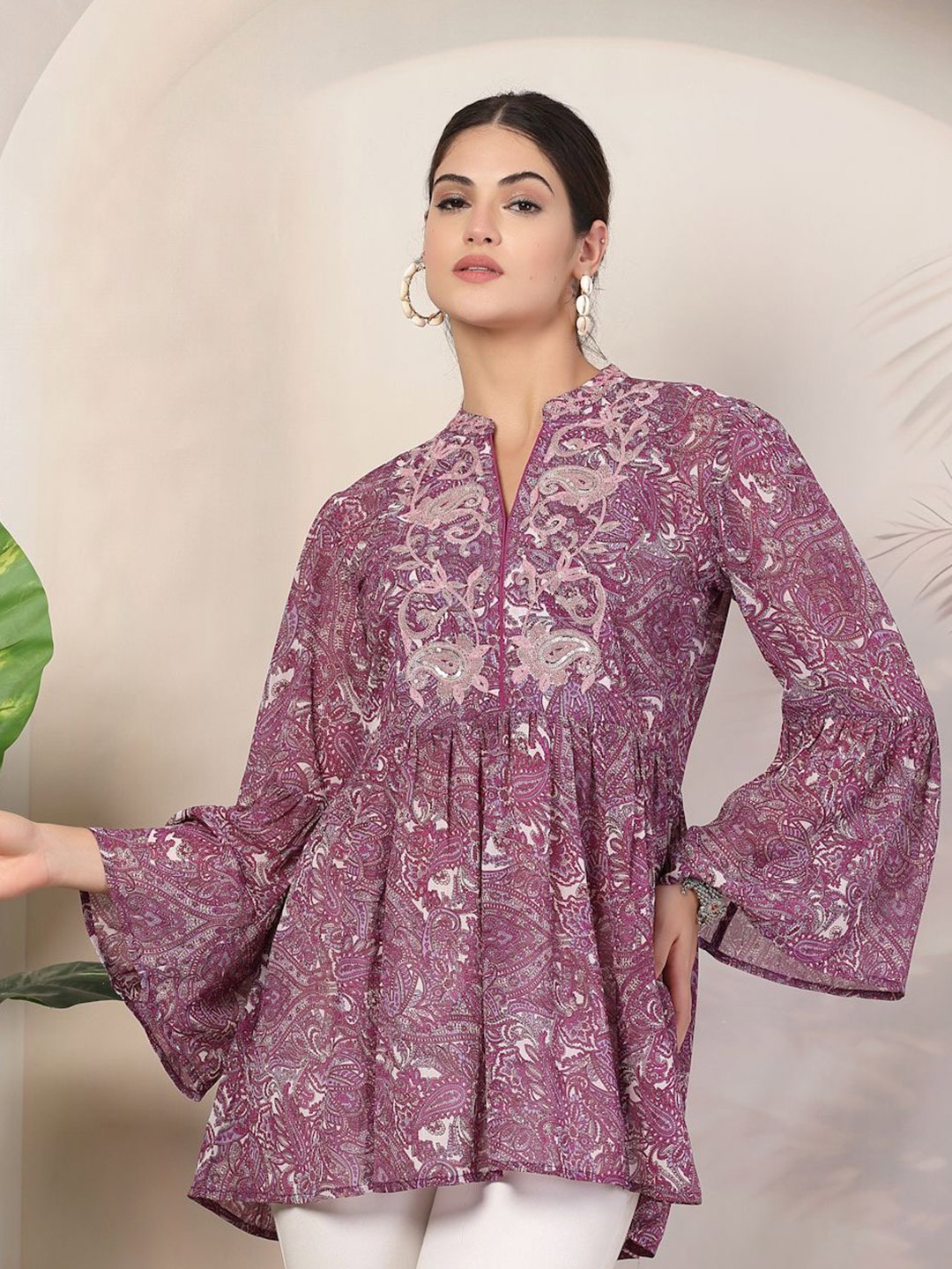 

Nayam By Lakshita Women Paisley Printed Sequinned Mandarin Collar Bell Sleeves Kurti, Purple