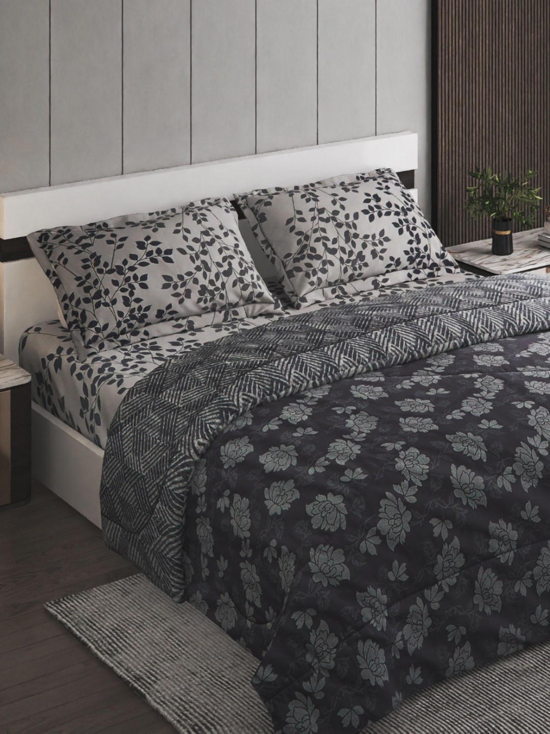

Home Centre Chime Aspen Grey & White Ethnic Motifs Printed 144 TC Cotton King Bedding Set