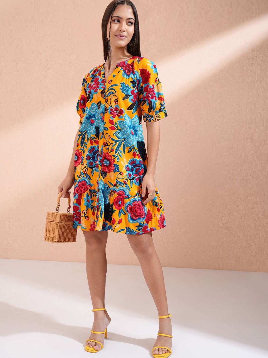 

Vishudh Women Floral Print V-Neck Puff Sleeve A-Line Dress, Mustard