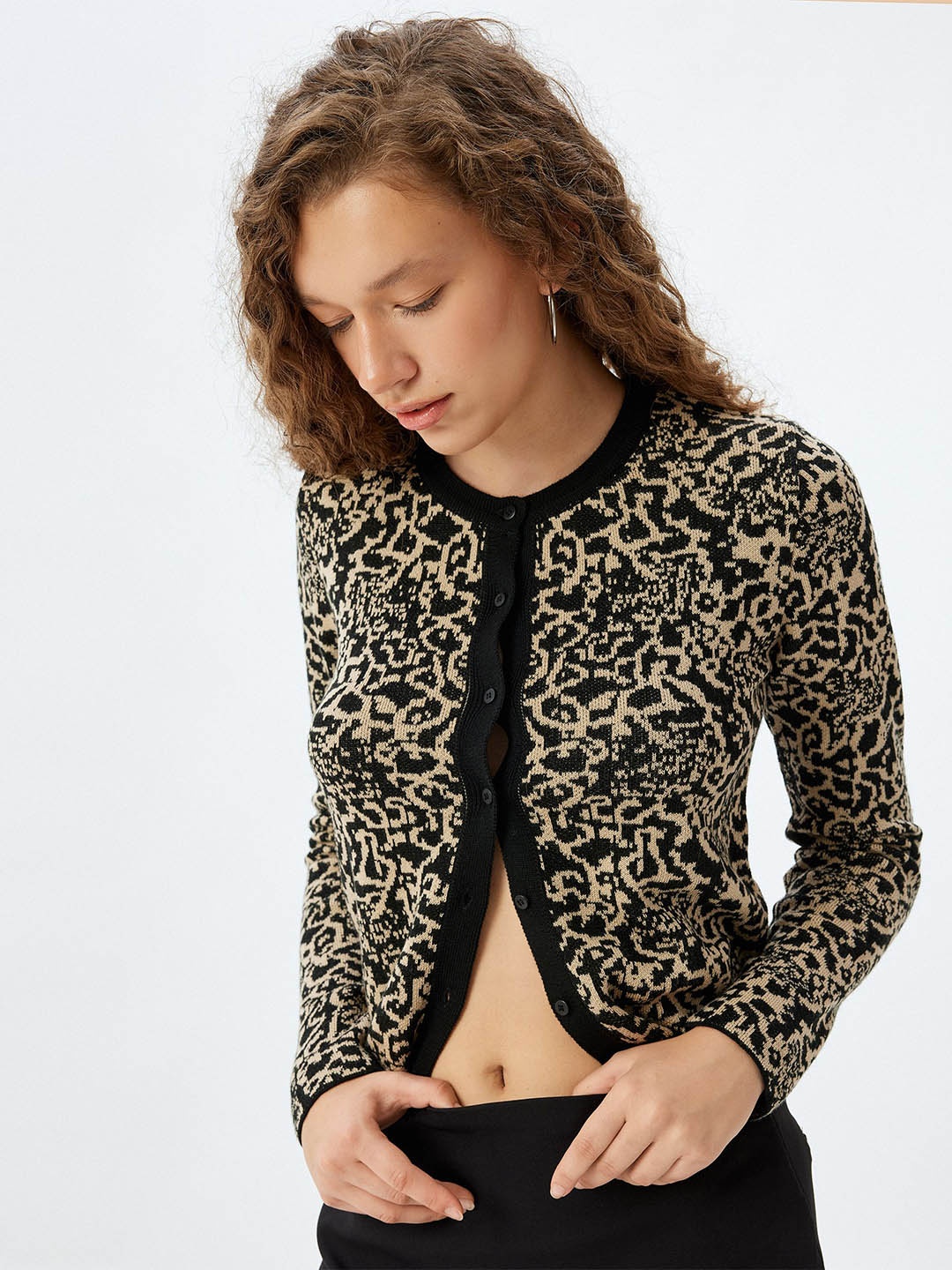 

Koton Women Abstract Printed Front-Open Sweater, Black