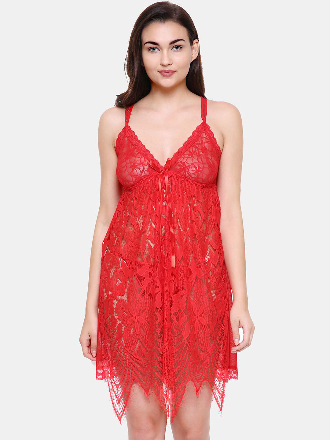 

NOIRA Women Net Strapless Baby Doll, Red