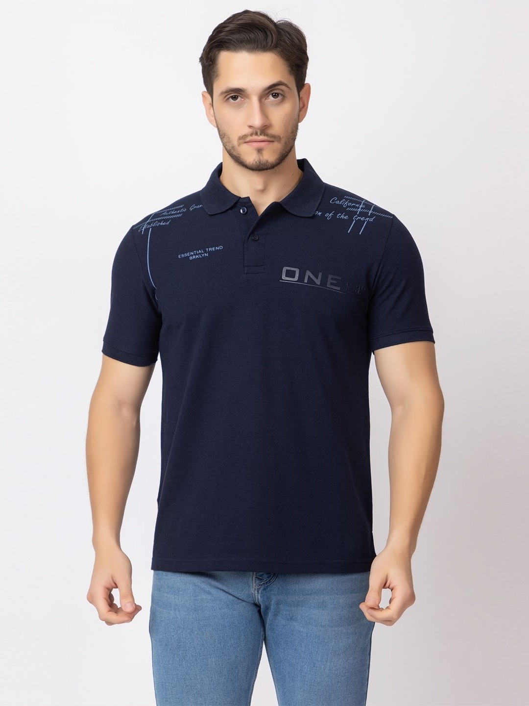 

ARIIX Men Typography Printed Polo Collar Cotton T-shirt, Navy blue