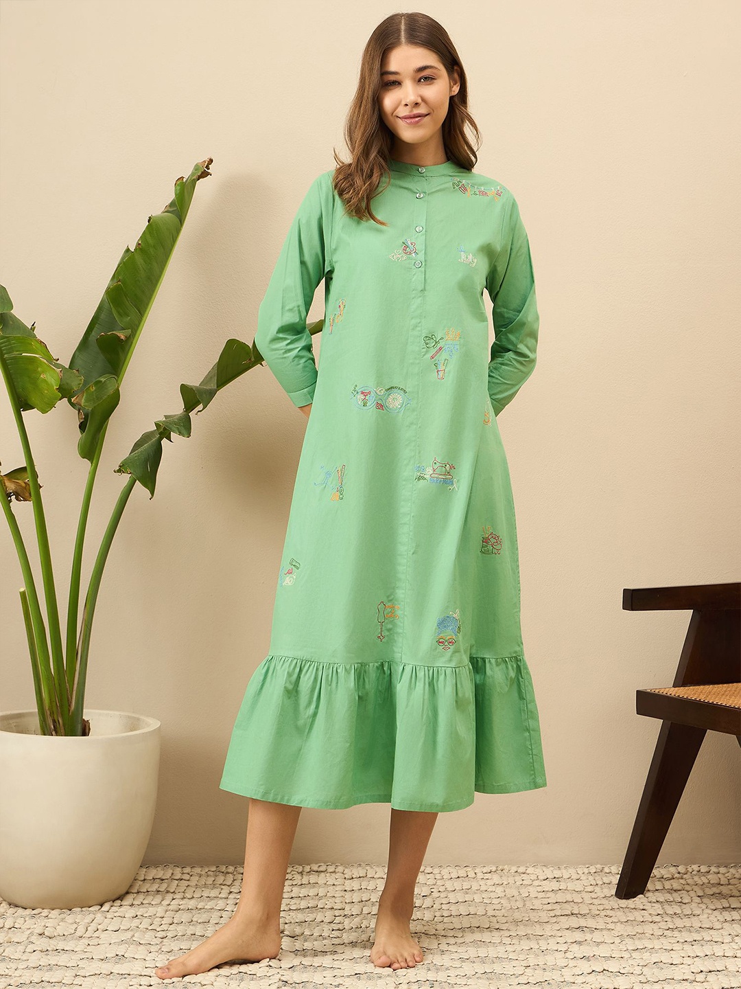 

July Printed Women Embroidered Pure Cotton Nightdress, Green