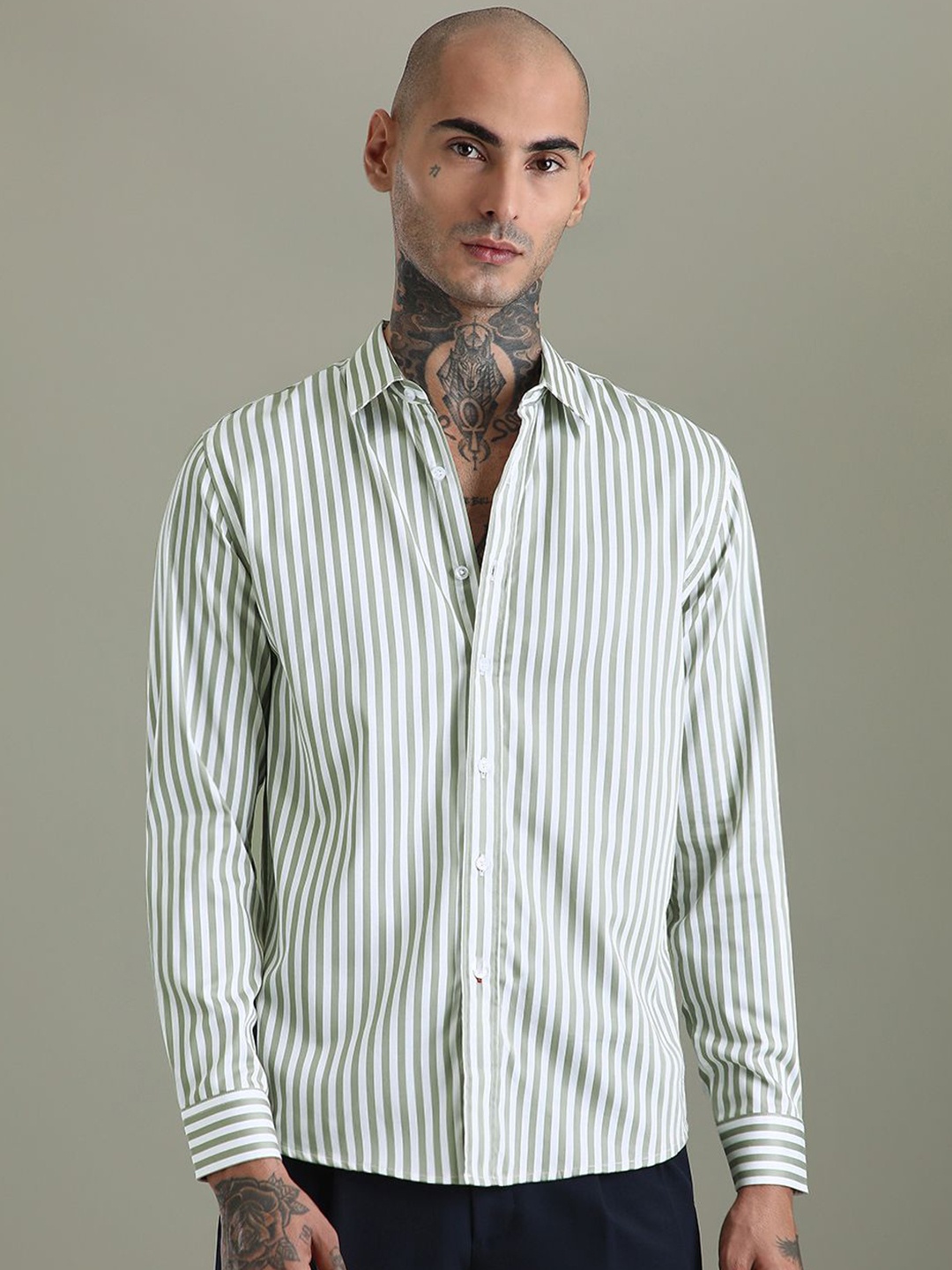 

Banana Club Men Classic Slim Fit Opaque Striped Casual Shirt, Green