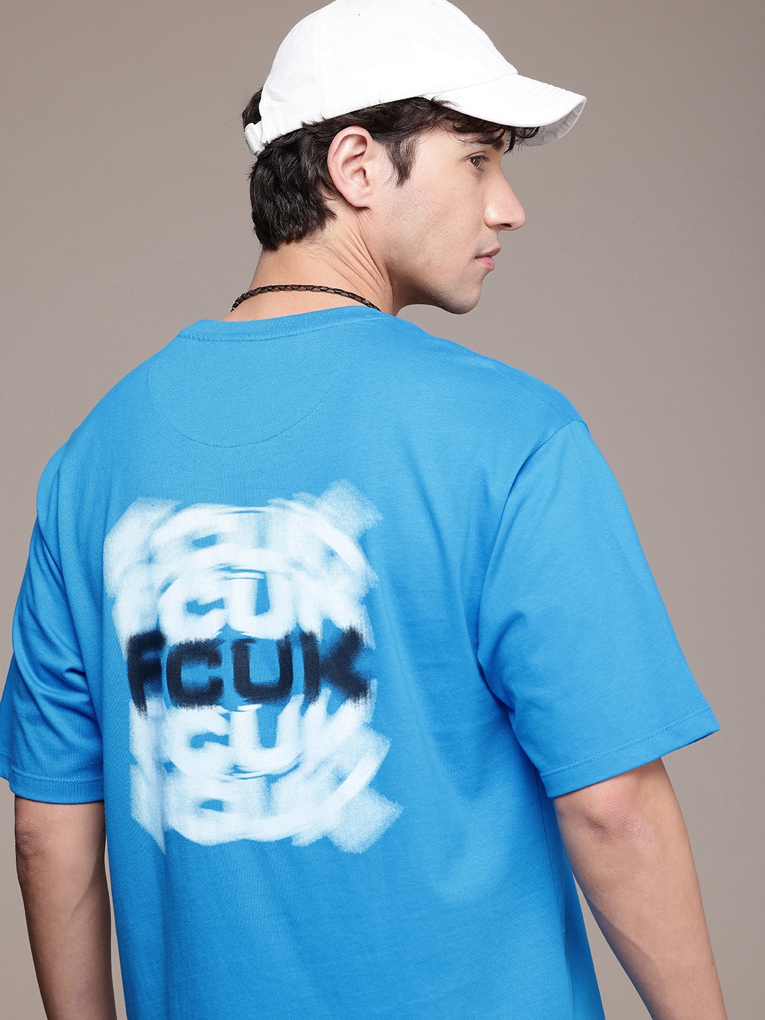 

FCUK Brand Logo Printed Drop-Shoulder Sleeves Relaxed Fit Pure Cotton T-shirt, Blue