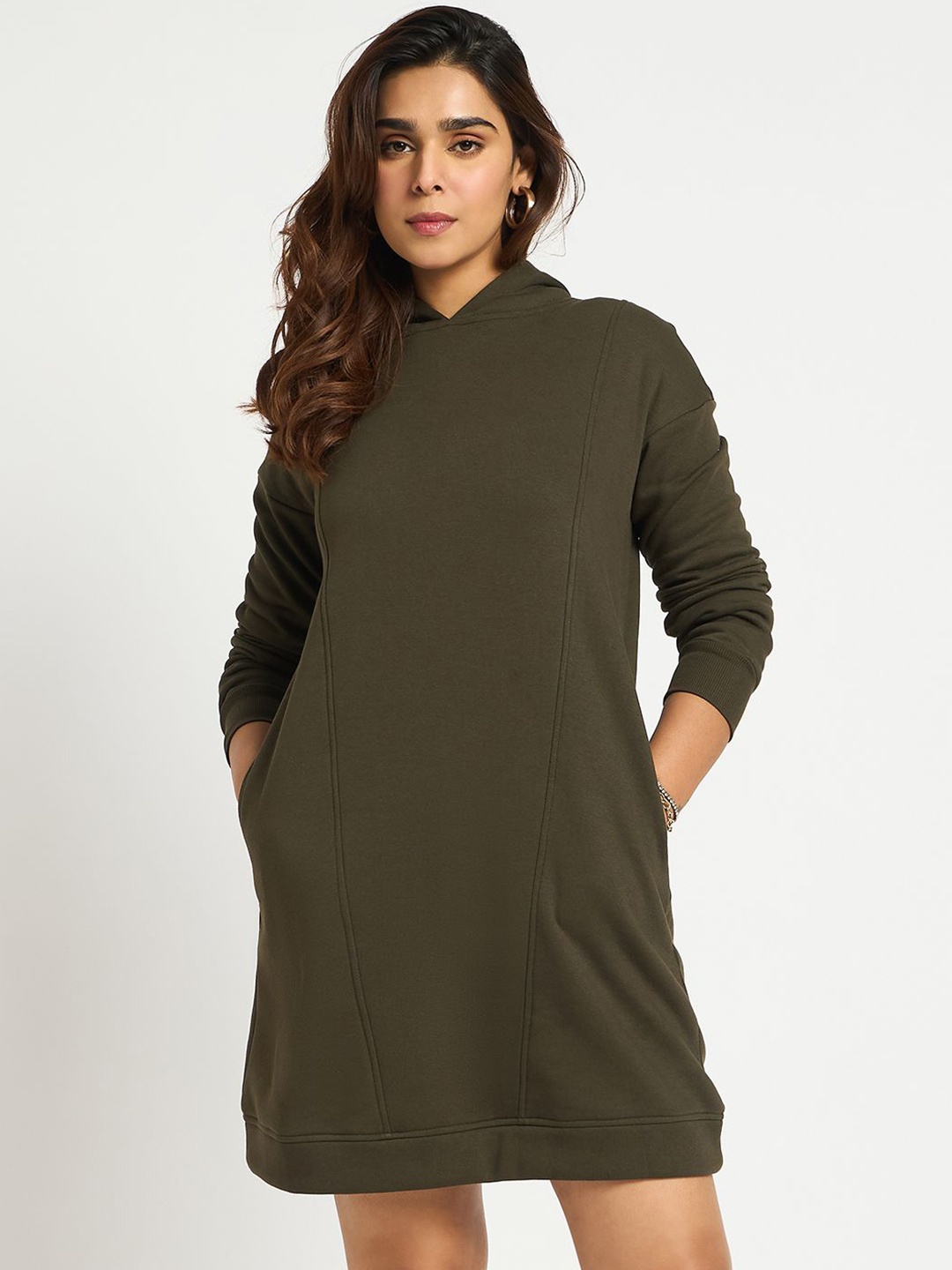 

FEMMELLA Women Woollen Hooded Sweatshirt Dress, Olive