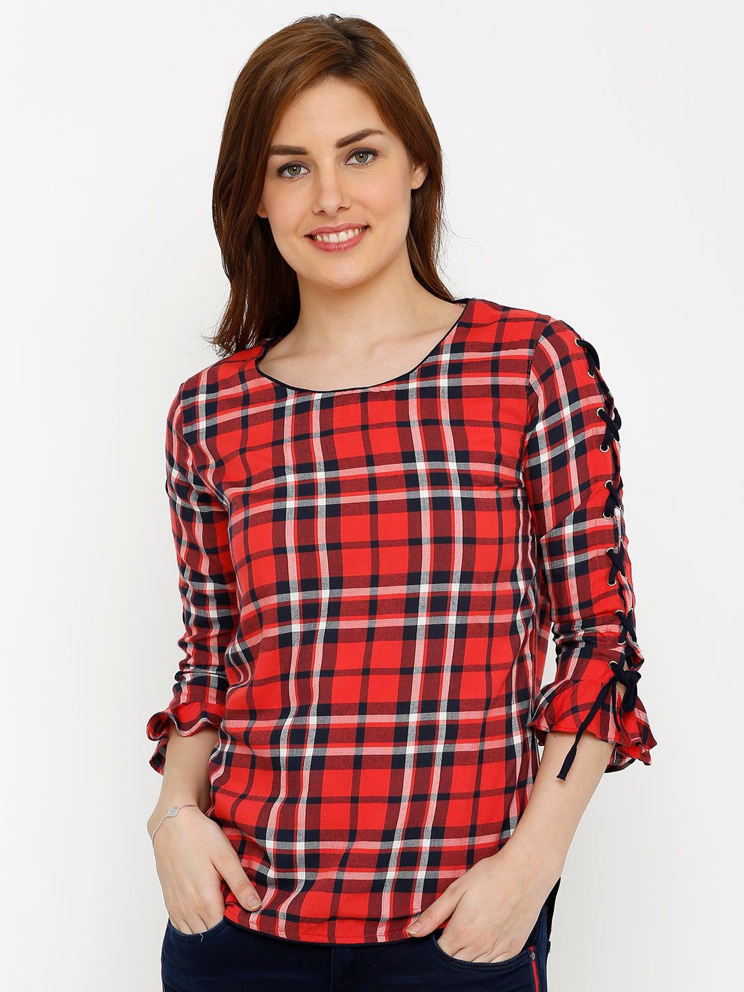 

Kraus Jeans Women Checked Round Neck Bell Sleeves Top, Red