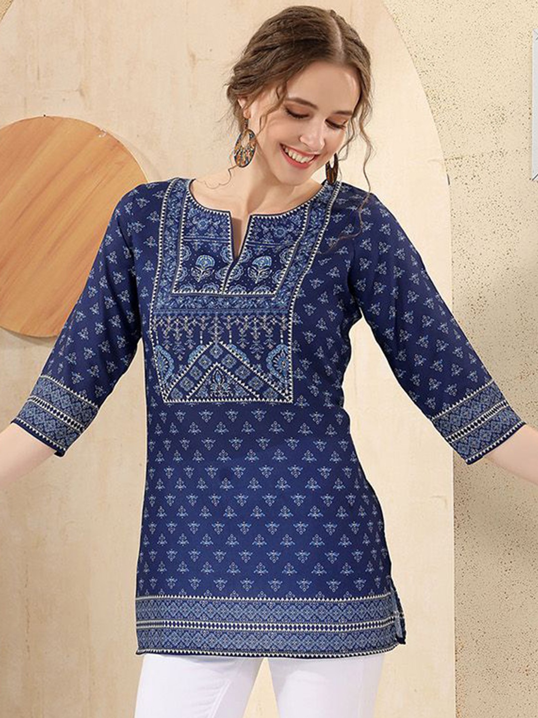 

KALINI Women Ethnic Motifs Printed Mandarin Collar Three-Quarter Sleeves Kurti, Blue