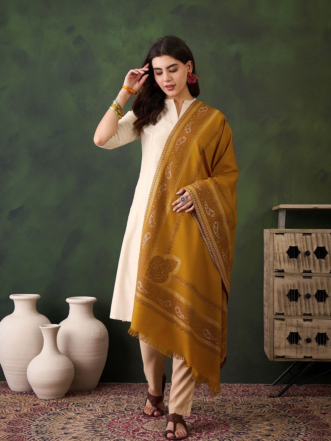

Sangria Woven Design Ethnic Motifs Winter Pashmina Shawl, Mustard