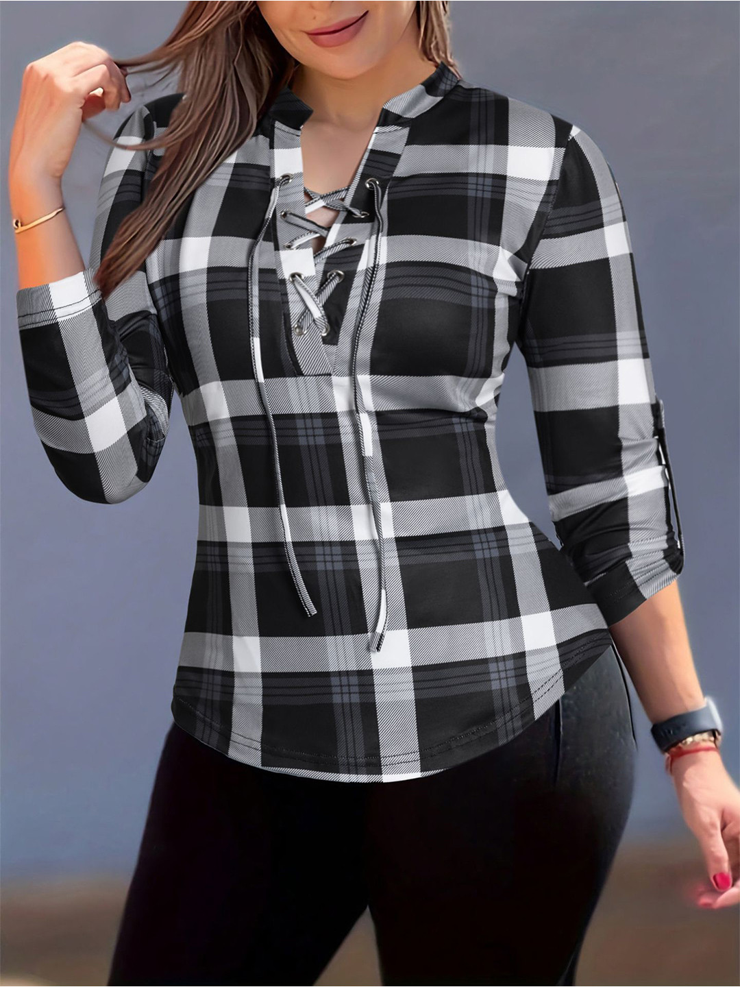 

StyleCast x Revolte Women Checked Shirt Style Long Sleeves Top, Black