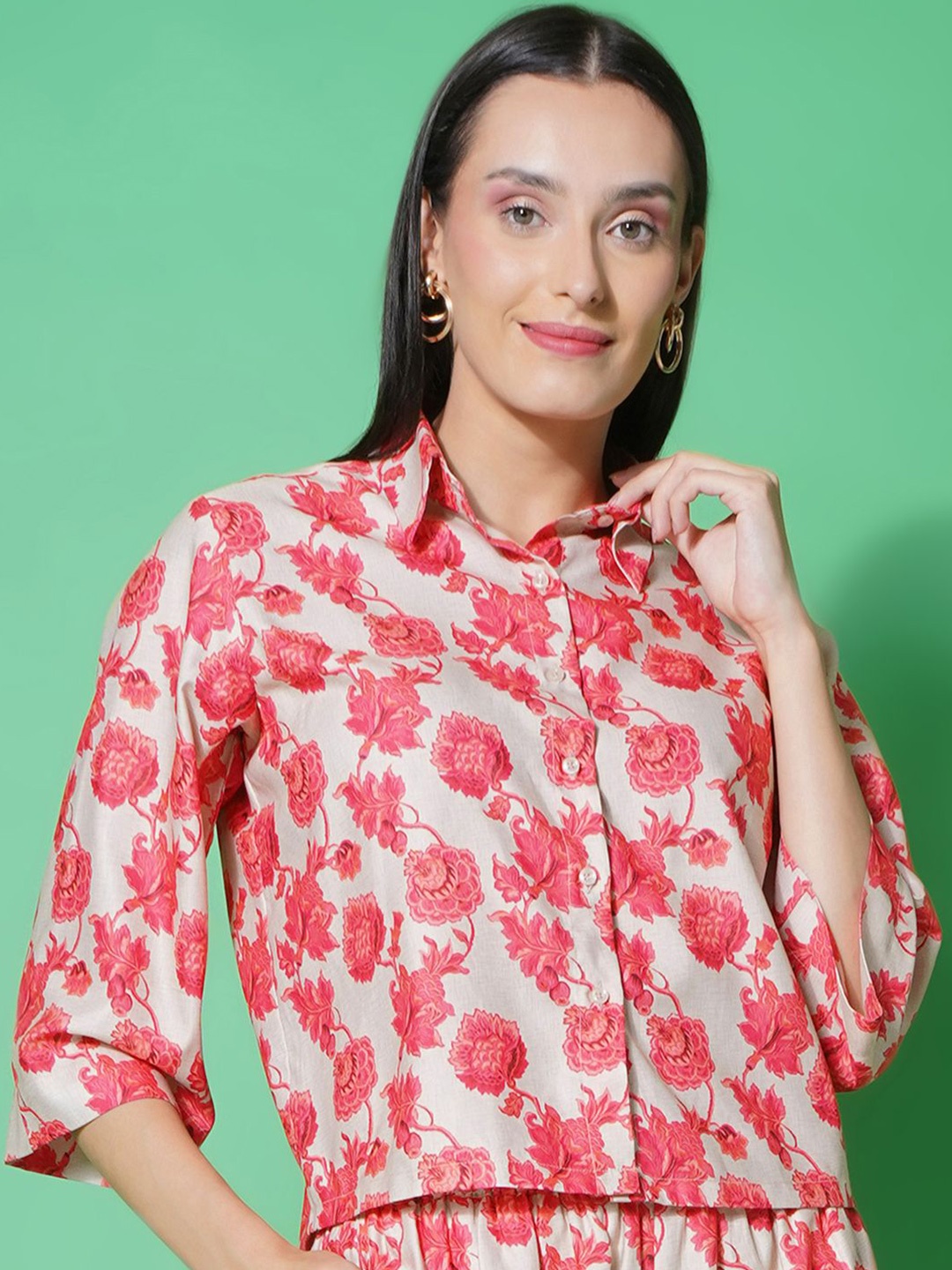 

KATLINE Women Floral Opaque Printed Casual Shirt, Pink