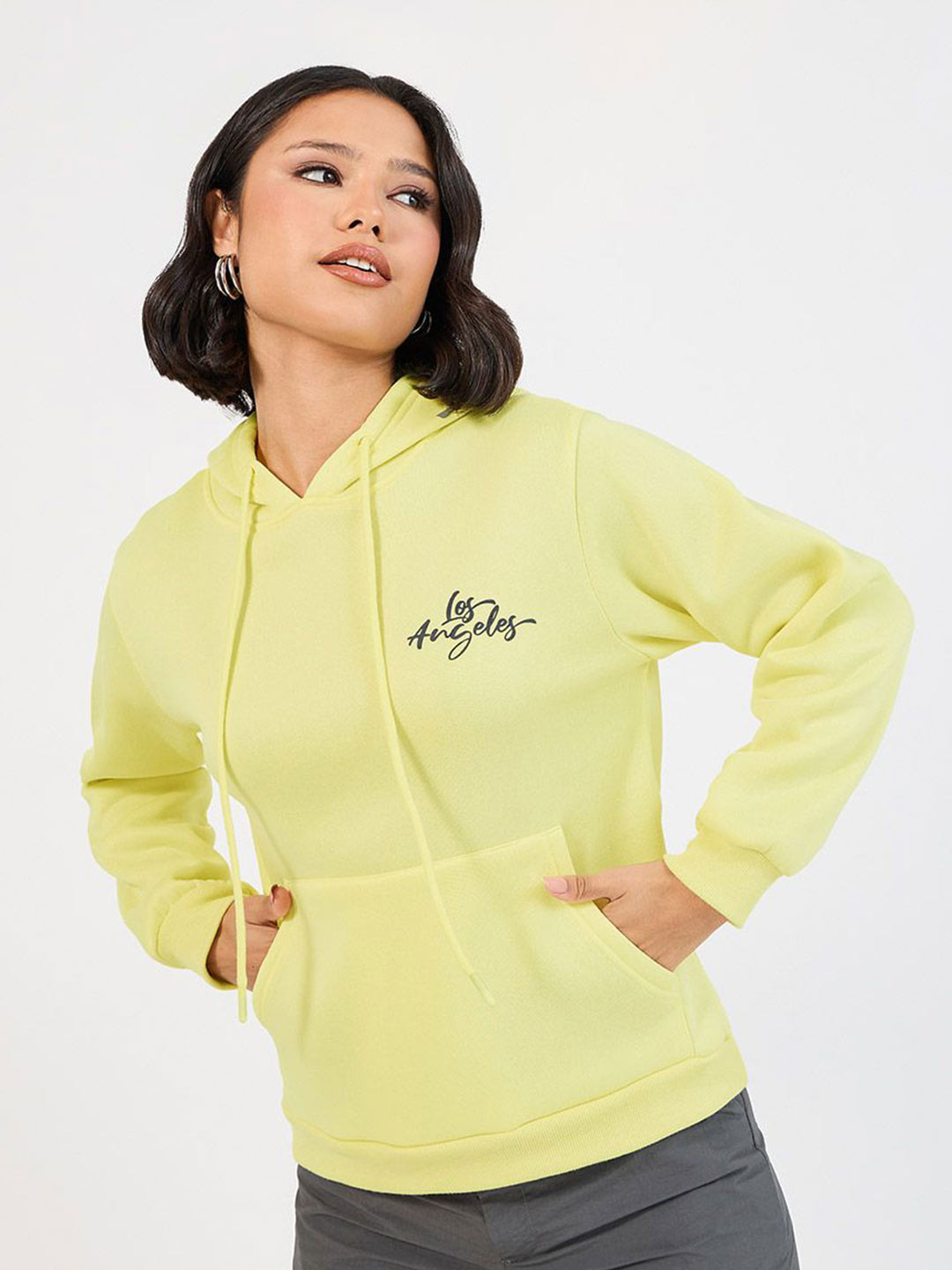 

Styli Women Printed Hooded Long Sleeves Pullover Sweatshirt, Yellow