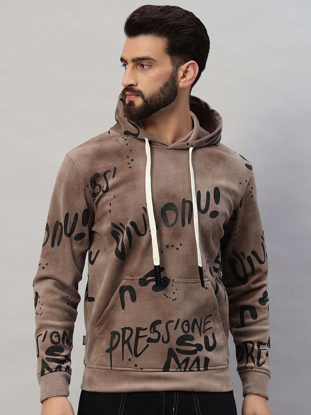 

PROFY Men Printed Hooded Sweatshirt, Brown