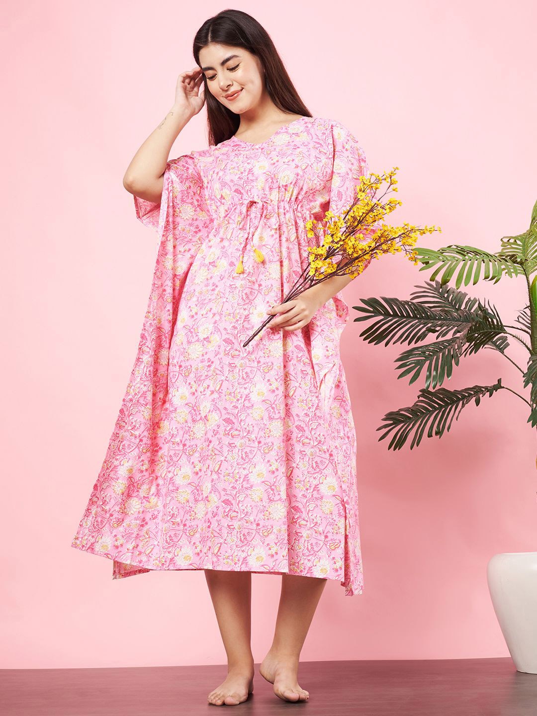 

HERE&NOW Women Pure Cotton Floral Printed Nightdress, Pink
