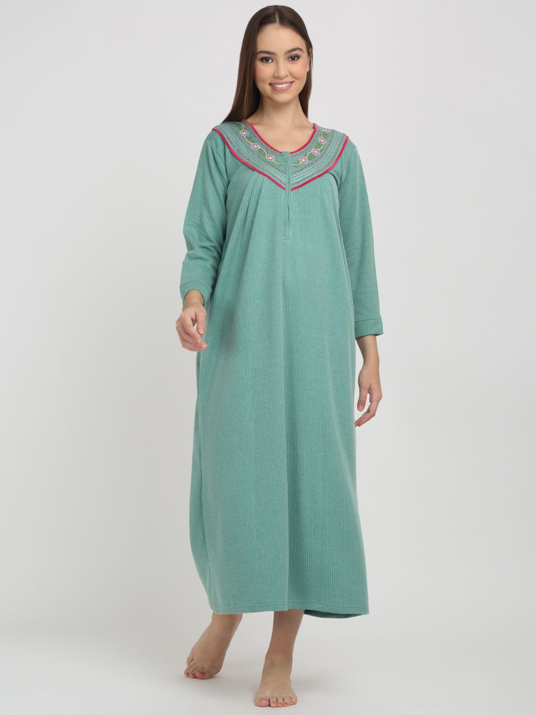 

Arrabi Women Embroidered Maxi Nightdress, Green
