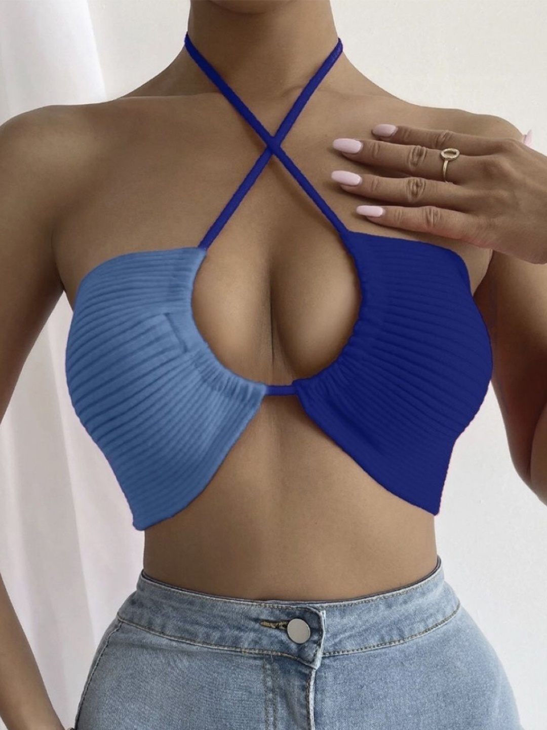 

KPOP Women Colourblocked Halter Neck Crop Top, Blue