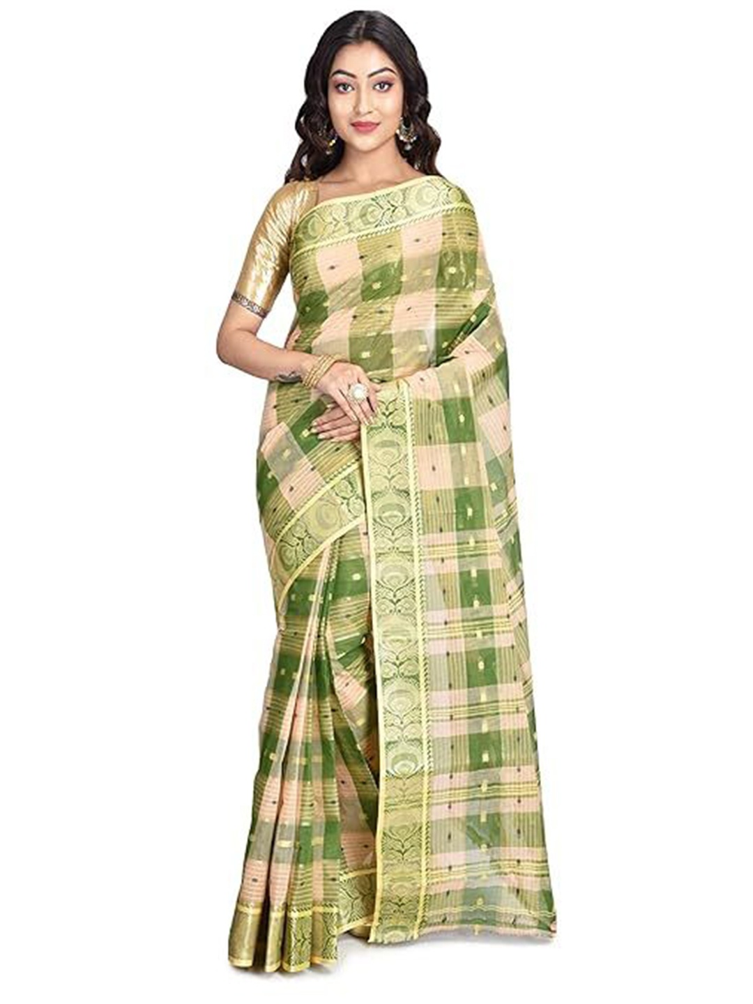 

RAJ SAREE HOUSE Ethnic Motifs Zari Cotton Taant Saree, Green