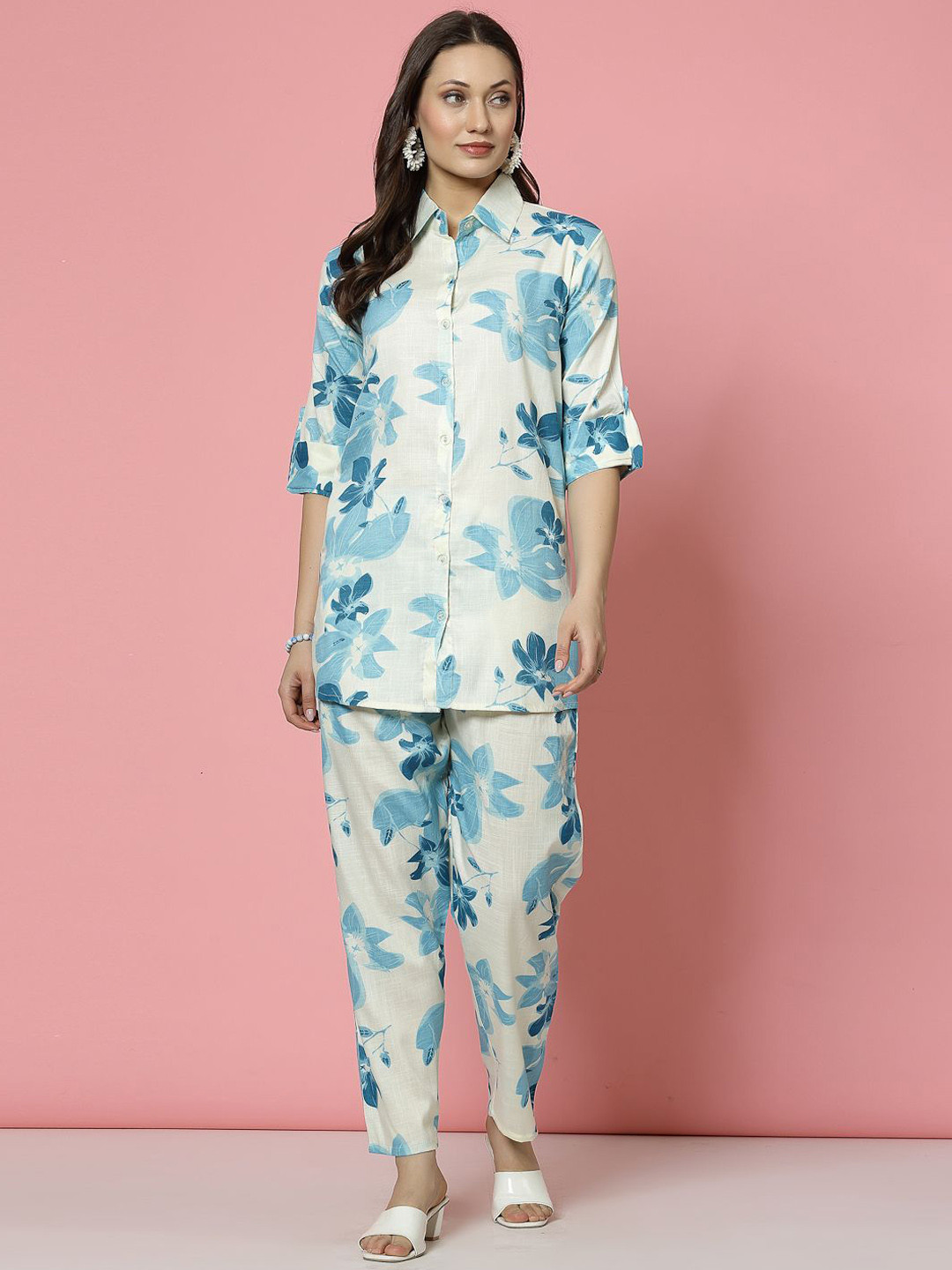 

Clora Creation Shirt Collar Printed Shirt & Trousers, Turquoise blue