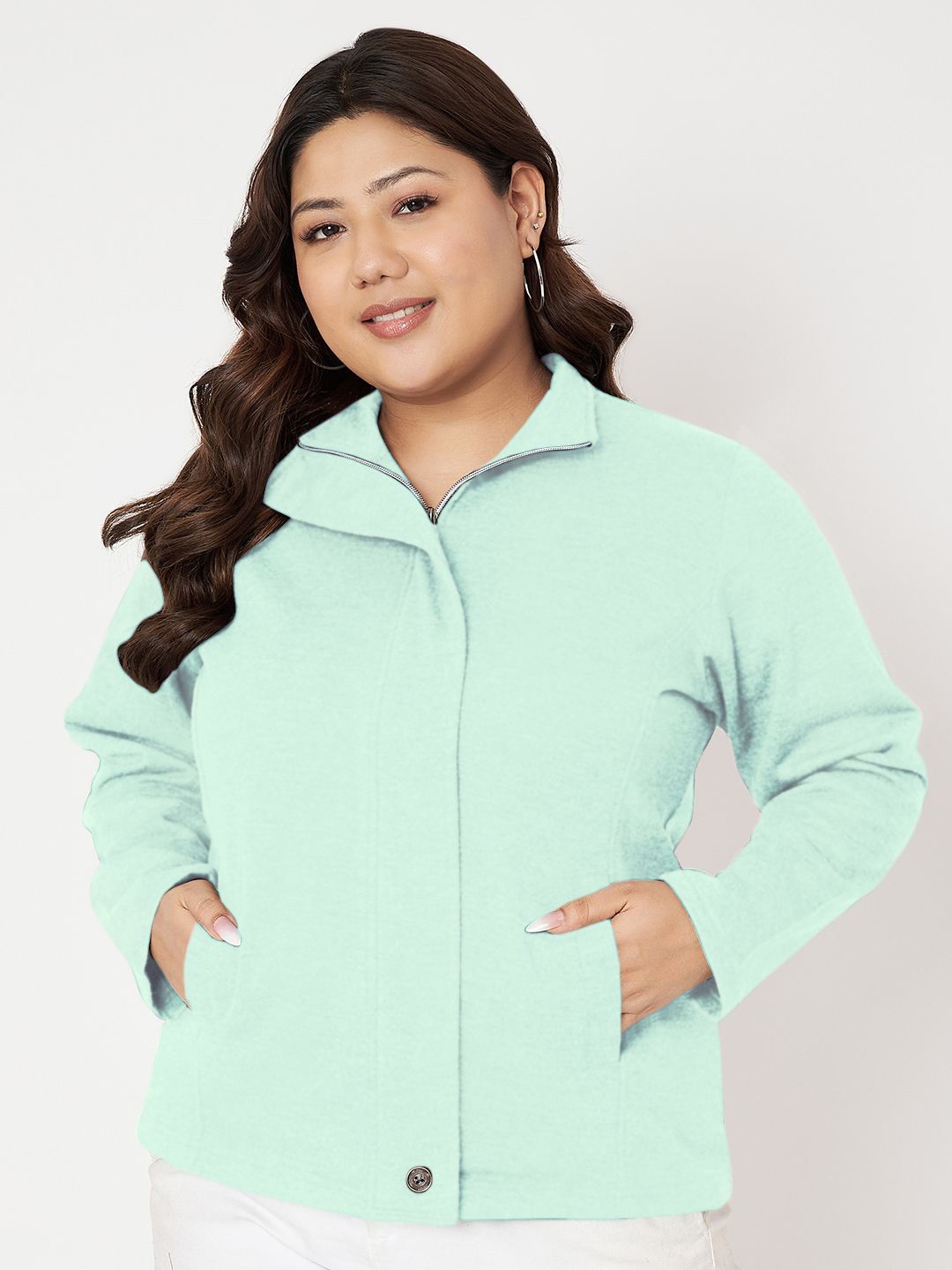 

BRINNS Women Plus Size Mock Collar Long Sleeves Front-Open Sweatshirt, Green