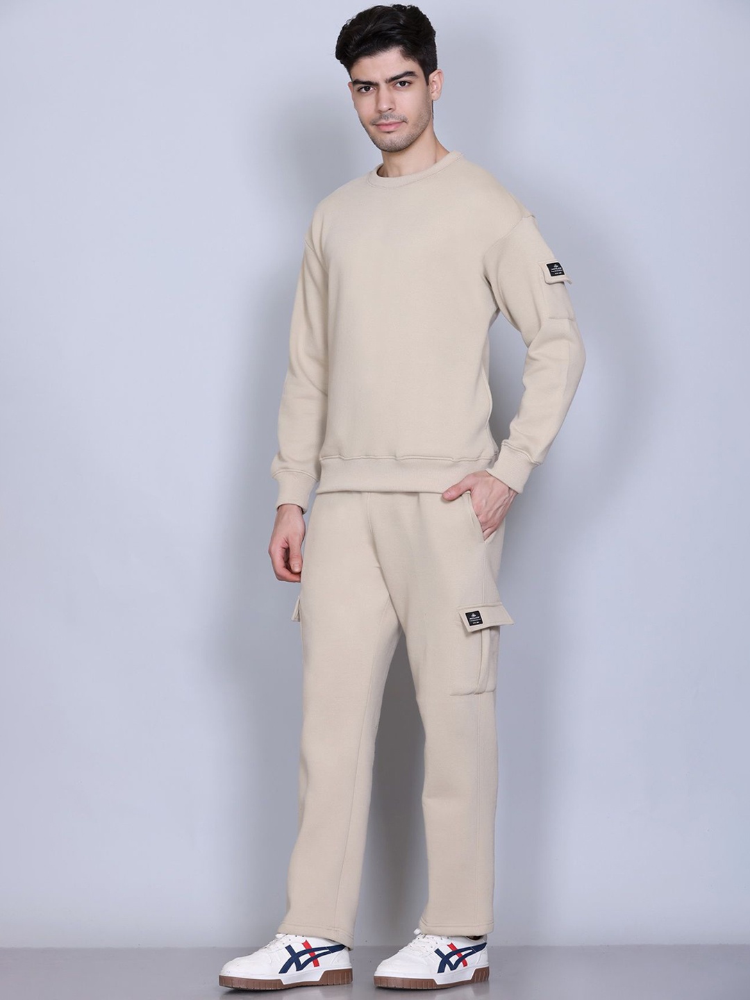 

Antiloop Men Solid Round Neck Tracksuits, Beige