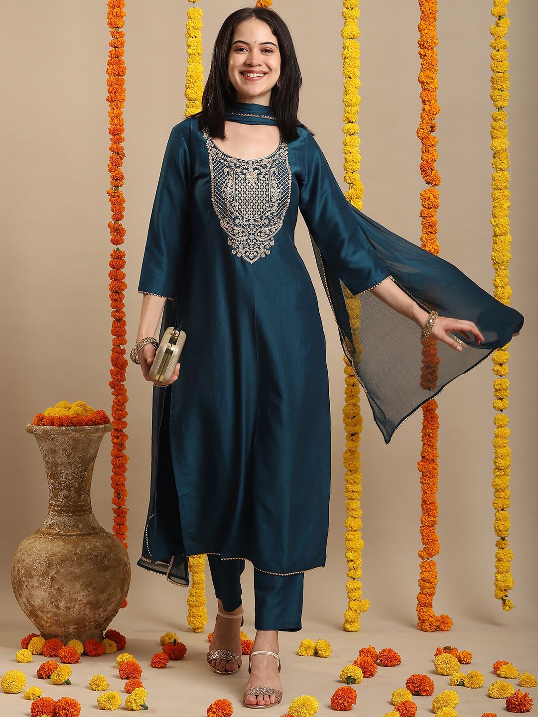 

GoSriKi Women Ethnic Motifs Embroidered Regular Kurta with Trousers & With Dupatta, Blue