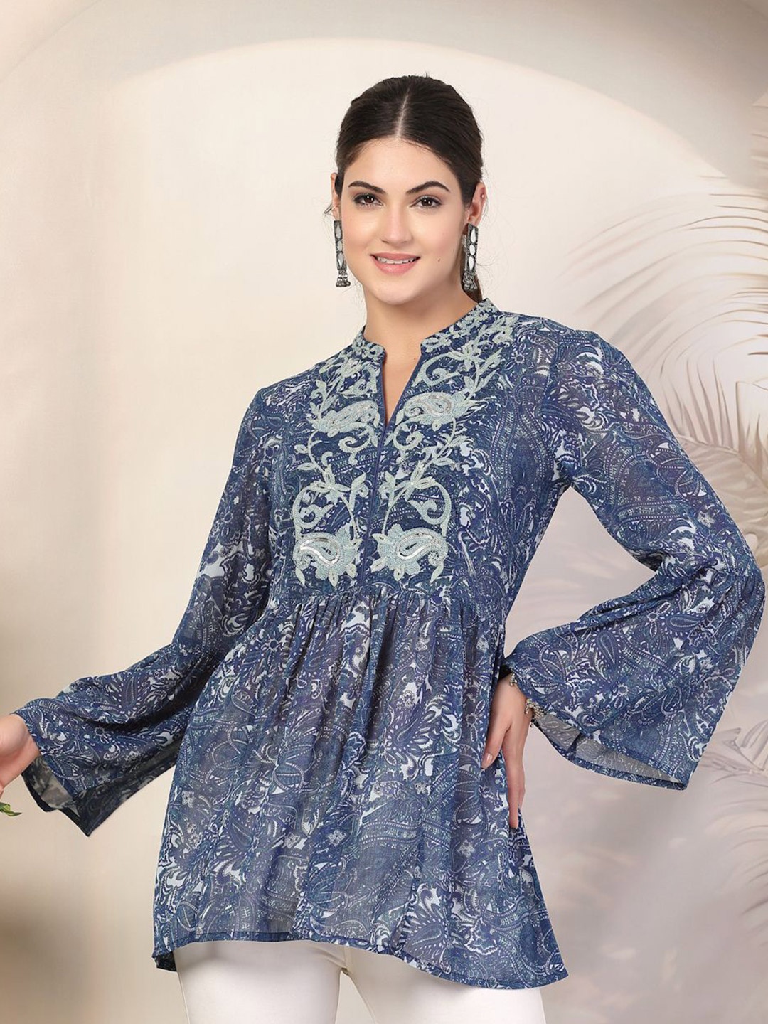 

Nayam By Lakshita Women Paisley Printed Flared Sleeves Kurti, Navy blue