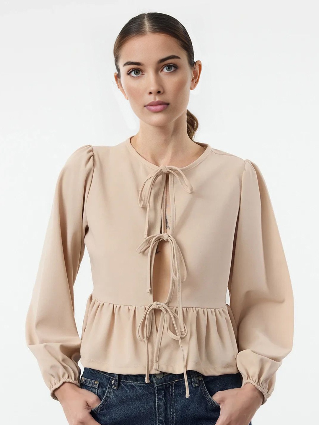 

Trendyol Women Tie-Up Neck Puff Sleeve Crop Top, Beige