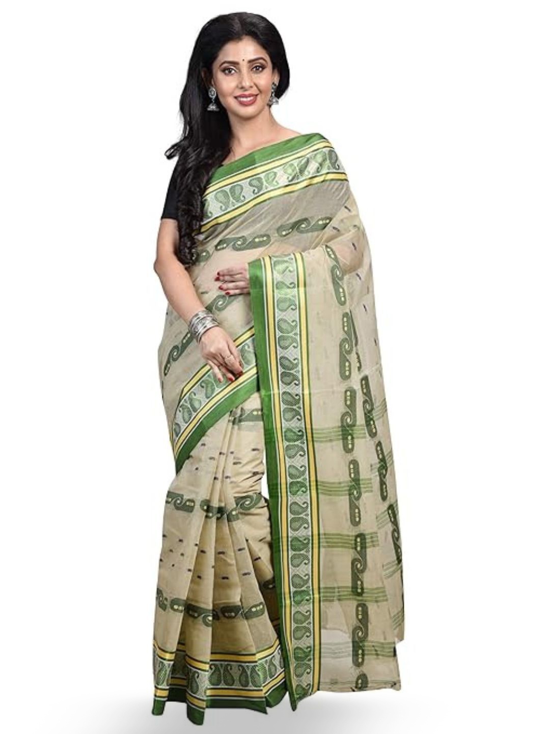 

RAJ SAREE HOUSE Woven Design Pure Cotton Taant Saree, Beige