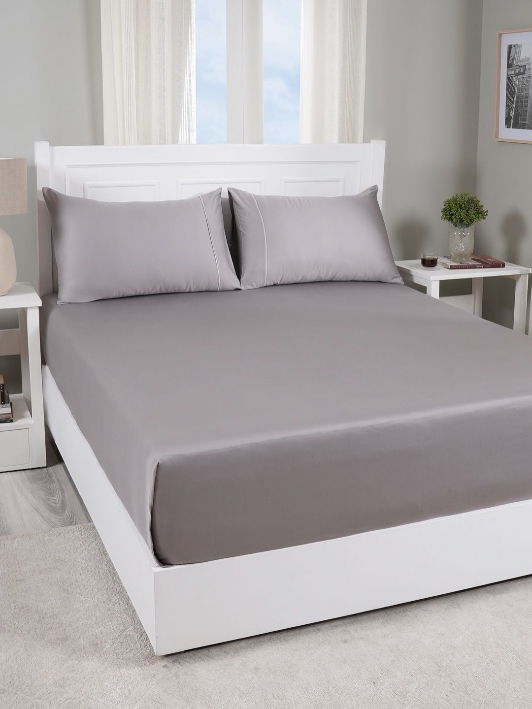 

MASPAR Grey Cotton 300 TC Double King Bedsheet Set 2.75 m x 2.75 m