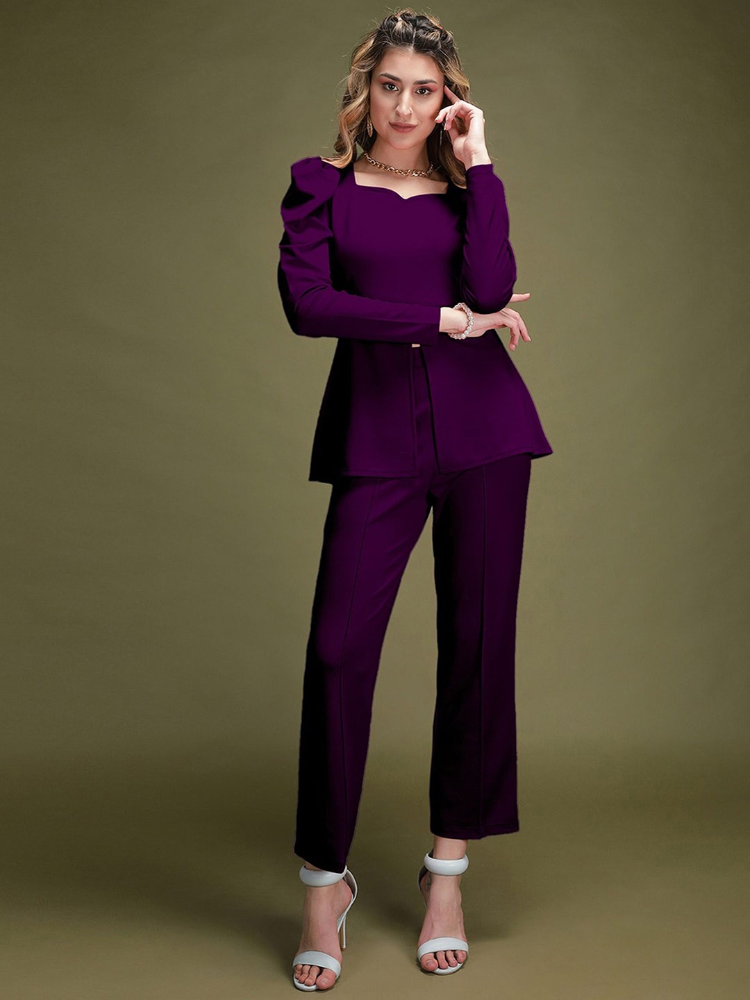 

Roadster Purple Sweetheart Neck Long Sleeves Top With Trouser