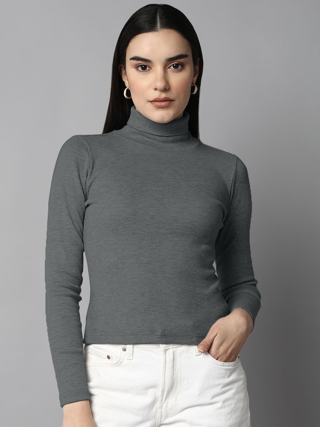 

The Roadster Lifestyle Co. Women High Neck Long Sleeves Top, Grey melange