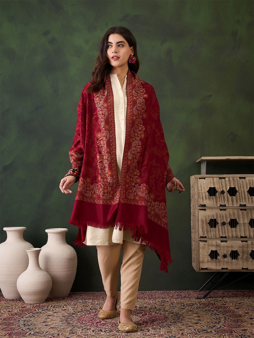 

Sangria Women Woven Design Winter Pashmina Shawl, Red
