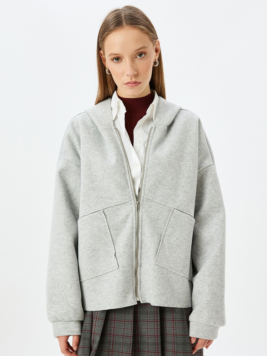 

Koton Women Long Sleeve Hooded Open Front Jacket, Grey