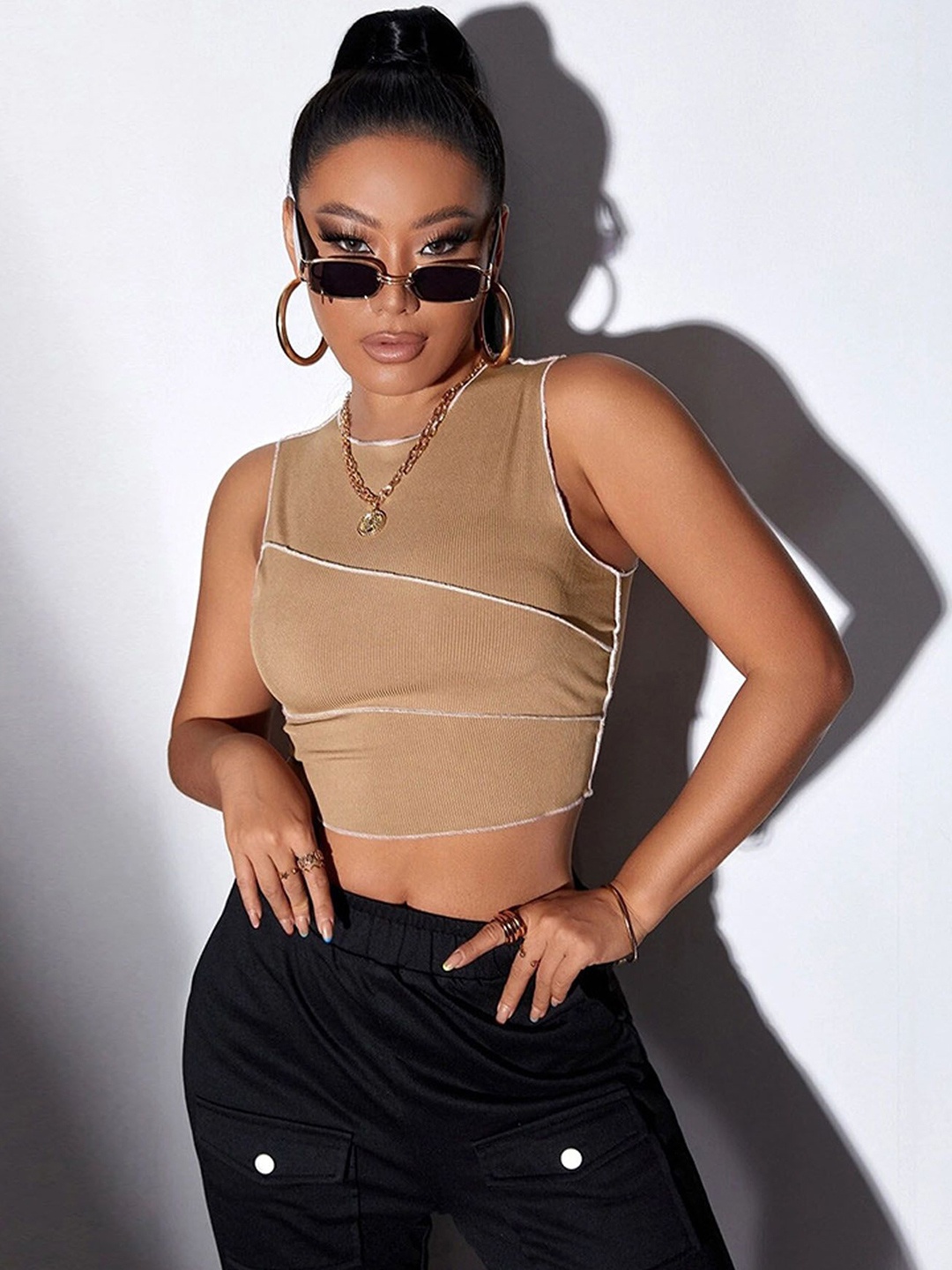 

StyleCast Women Round Neck Crop Top, Khaki