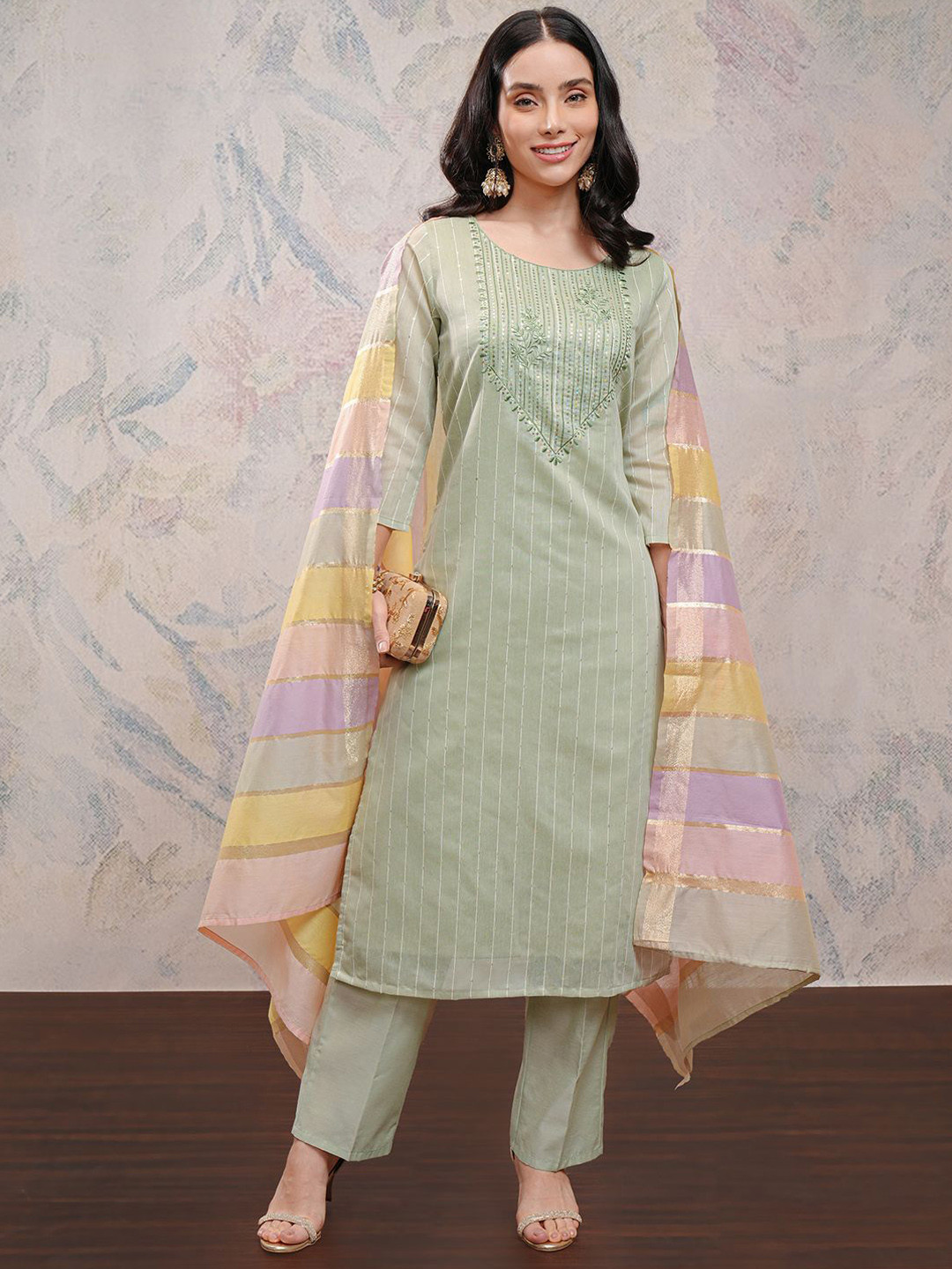 

Vishudh Women Floral Embroidered Regular Sequinned Kurta with Trousers & With Dupatta, Olive