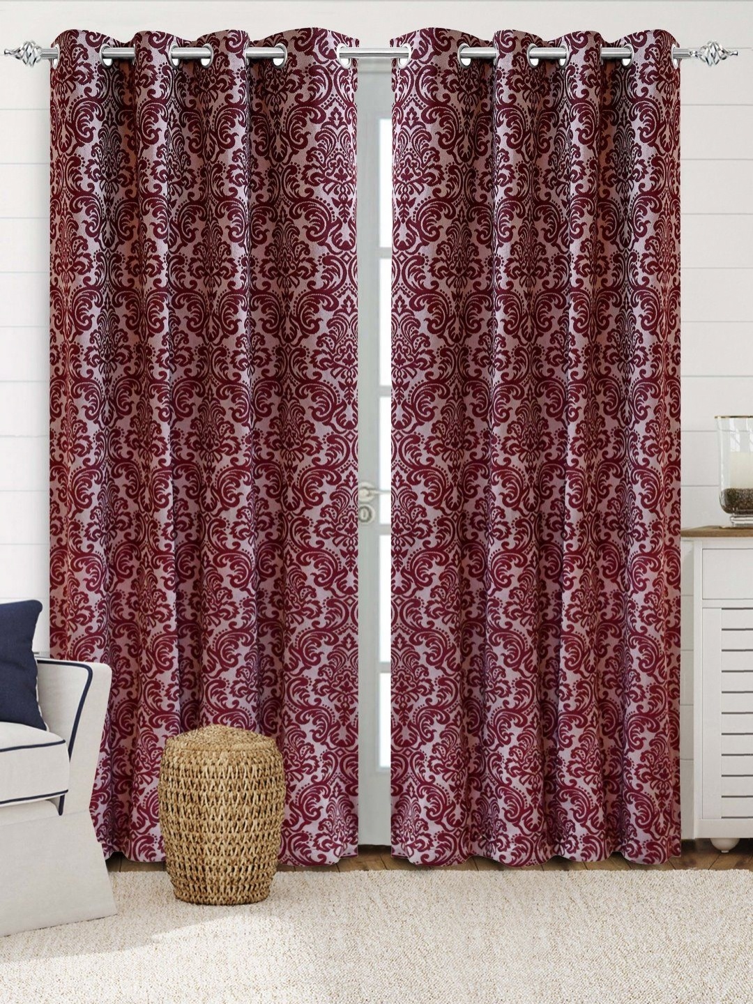 

Saral Home Maroon & White Set of 2 Floral Room Darkening Door Curtain