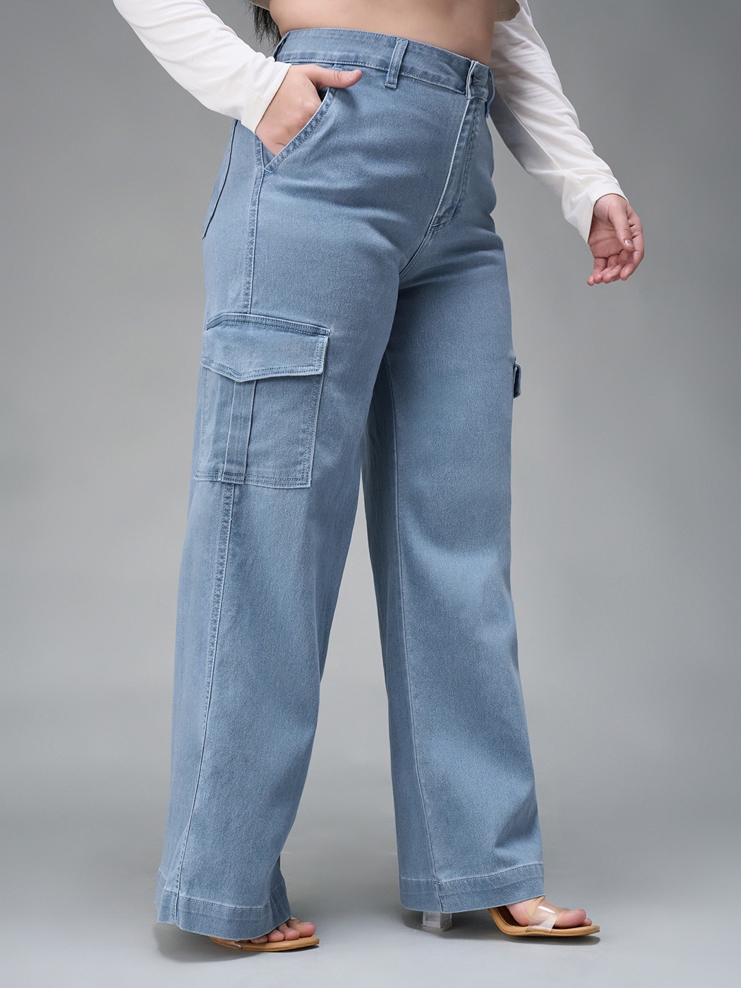 

Miss Chase A+ Women Wide Leg High-Rise Light Fade Stretchable Cargo Jeans, Blue