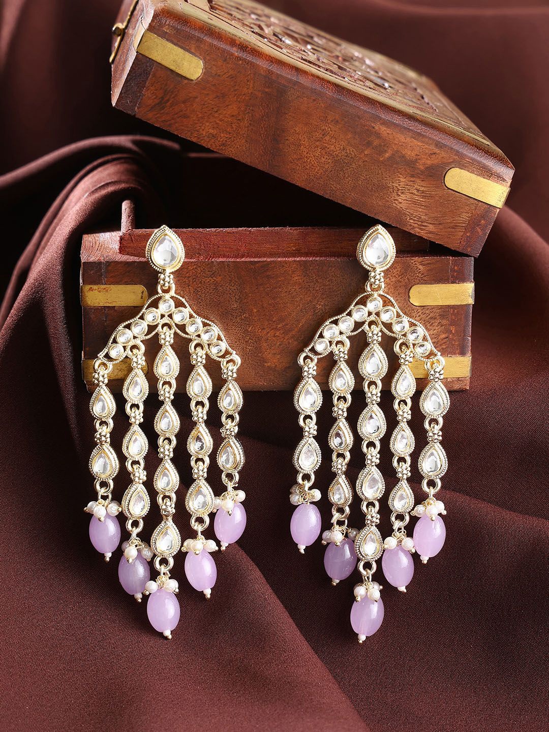 

Priyaasi Gold-Plated Kundan Stone Studded & Pearls Beaded Tasselled Drop Earrings