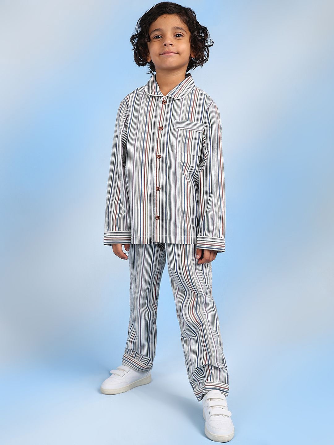 

The Tribe Kids Boys Striped Pure Cotton Shirt Collar Night suit, White