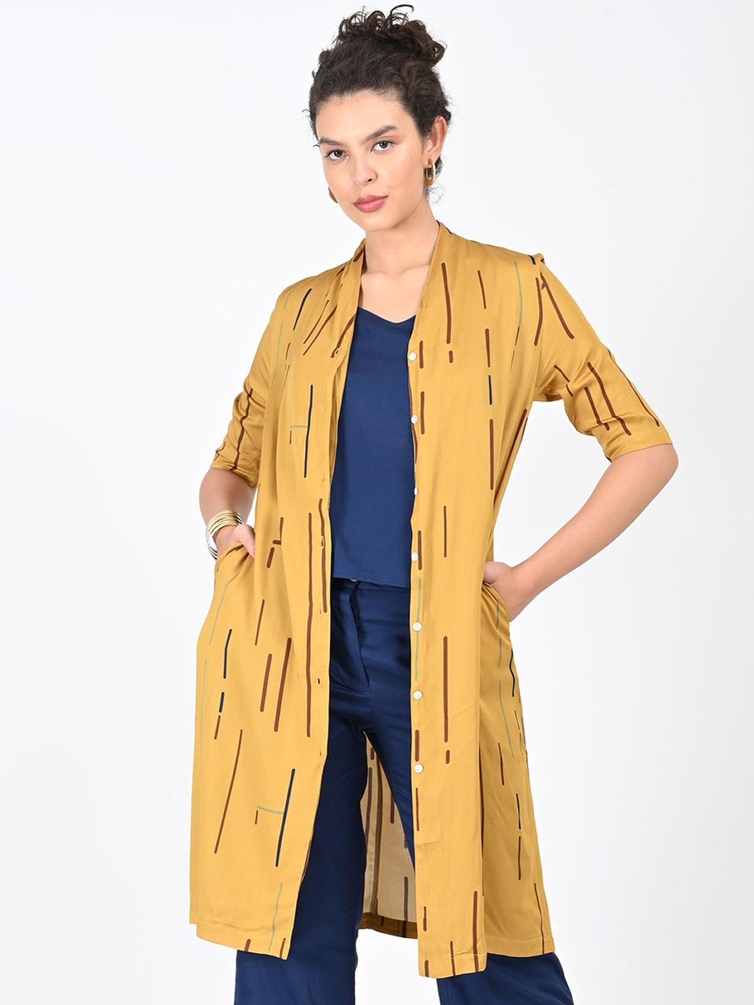 

Saltpetre Women Camouflage Organic Cotton Longline Open Front Jacket with Embroidered, Mustard