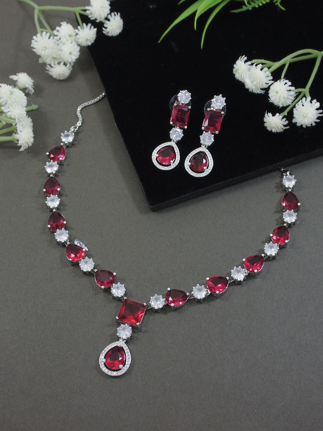 

I Jewels Sliver-Plated Cubic Zirconia & American Diamond Stone-Studded Jewellery Set, Pink