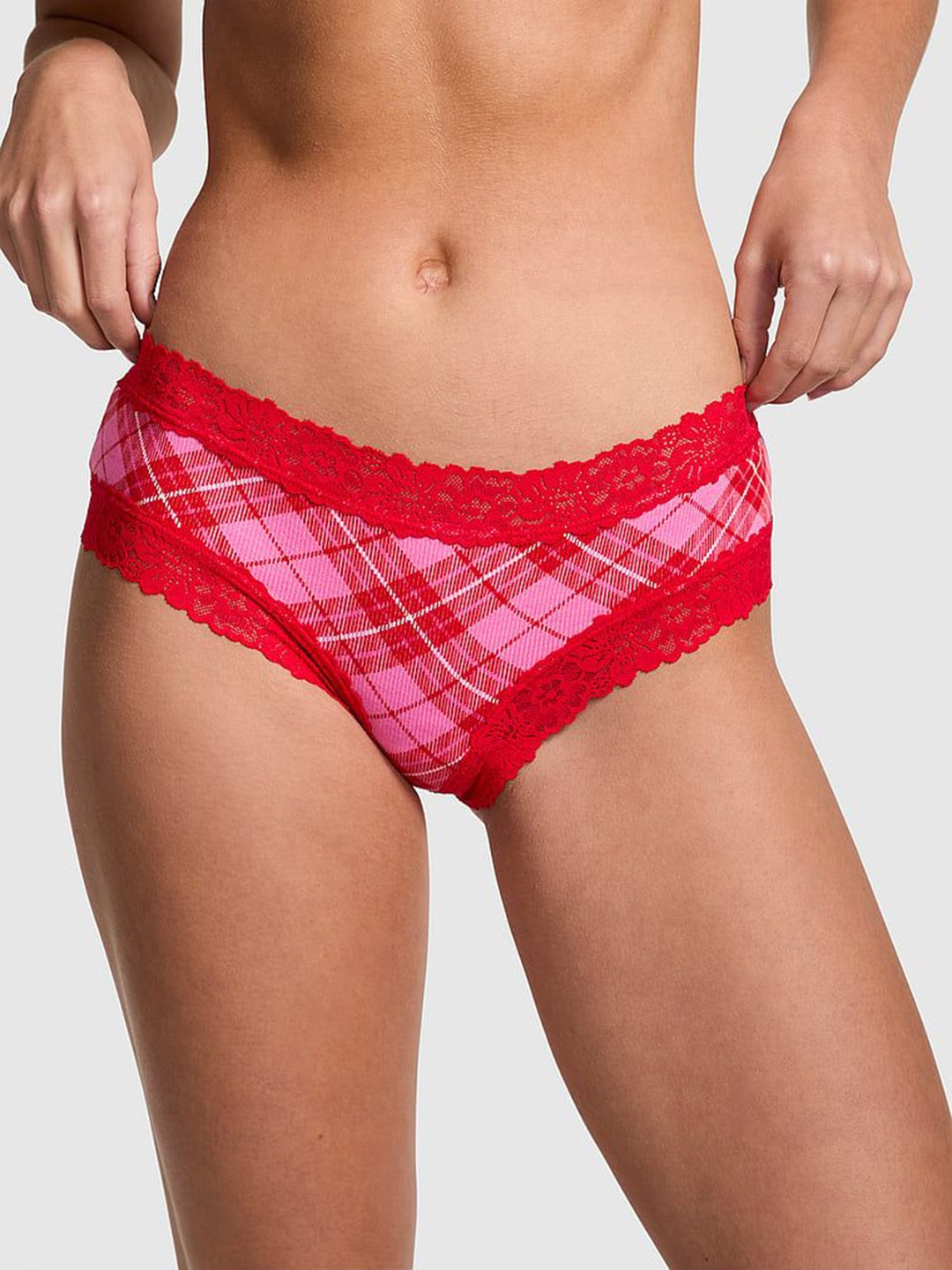 

Victoria's Secret Women Checked Lace-Trim Cheeky Basic Brief, Red