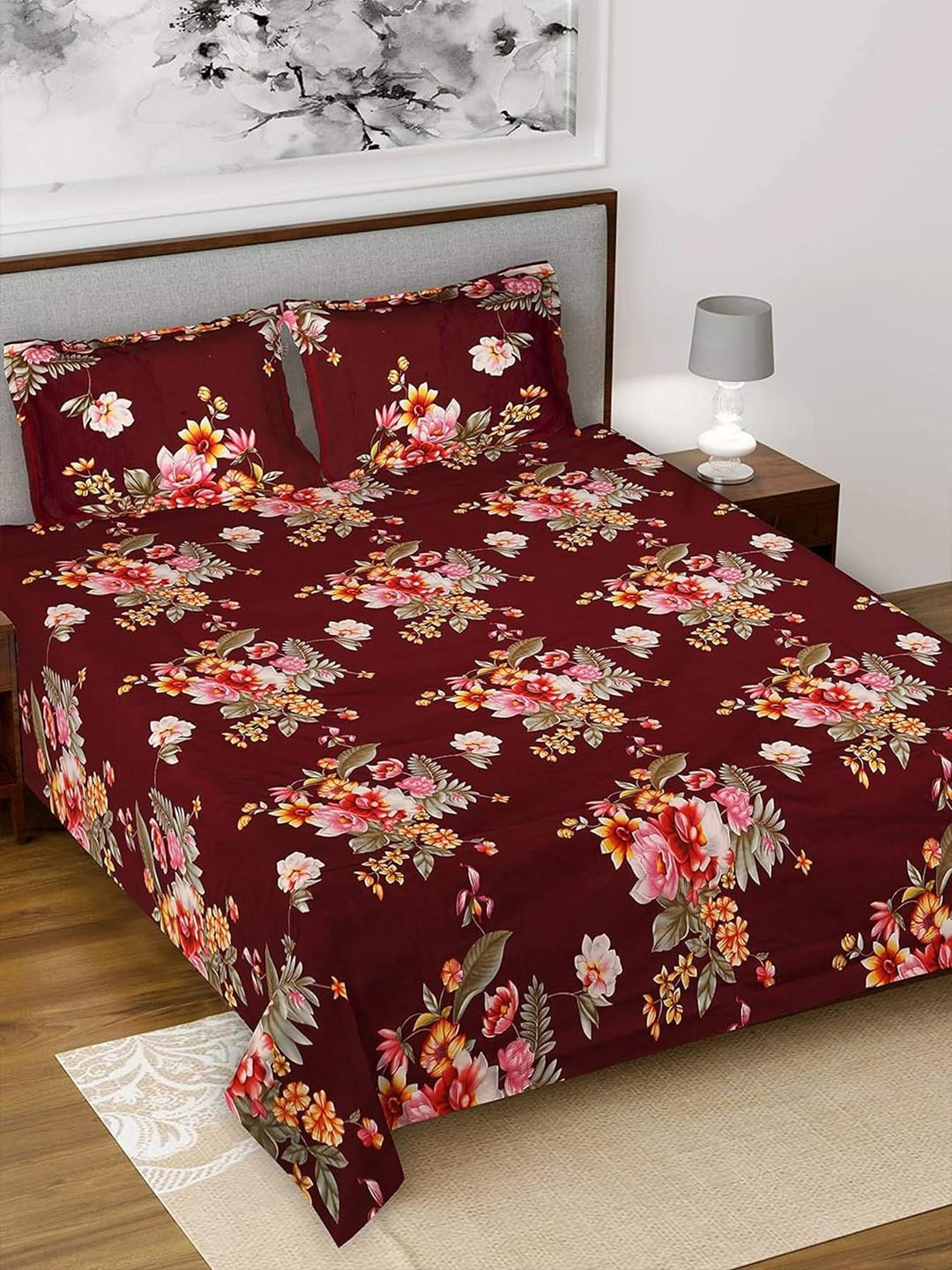 

Kuber Industries Maroon & Pink Floral 144 TC King Bedsheet with 2 Pillow Covers